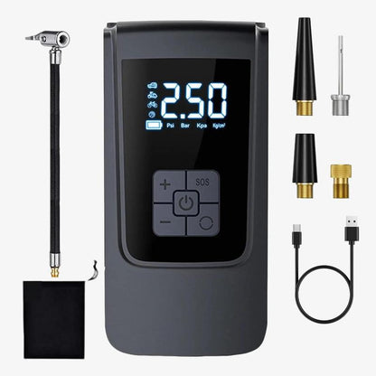 Inflador portátil de neumáticos para coche, 150 PSI, con pantalla digital e iluminación LED, recargable por USB-C, compacto y ligero para bicicleta, coche y más.