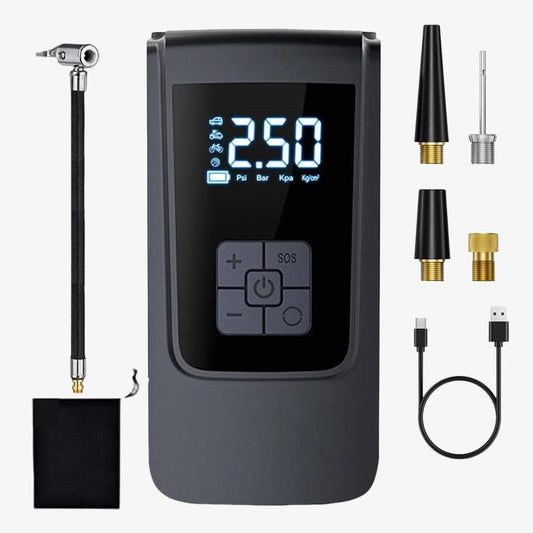 Inflador portátil de neumáticos para coche, 150 PSI, con pantalla digital e iluminación LED, recargable por USB-C, compacto y ligero para bicicleta, coche y más.