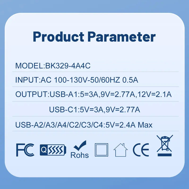 Concentrador USB de carga rápida de 8 puertos (4 USB-C + 4 USB-A) Cargador inteligente portátil para múltiples dispositivos Cargador inteligente para teléfonos, tabletas y más