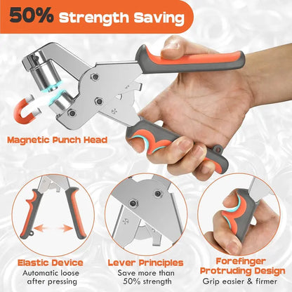 Kit de herramientas para ojales NEU MASTER de 3/8 de pulgada. Incluye 500 ojales, alicates para ojales, kit manual, perforadora, prensa para ojales de 10 mm para tela, lonas y cuero. Mango ergonómico de metal con mecanismo de doble palanca.