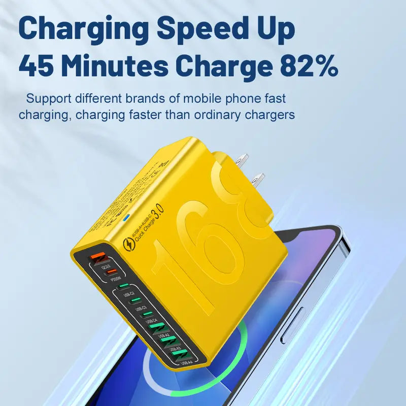Concentrador USB de carga rápida de 8 puertos (4 USB-C + 4 USB-A) Cargador inteligente portátil para múltiples dispositivos Cargador inteligente para teléfonos, tabletas y más