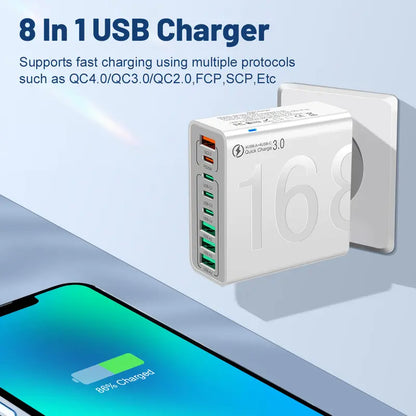 Concentrador USB de carga rápida de 8 puertos (4 USB-C + 4 USB-A) Cargador inteligente portátil para múltiples dispositivos Cargador inteligente para teléfonos, tabletas y más