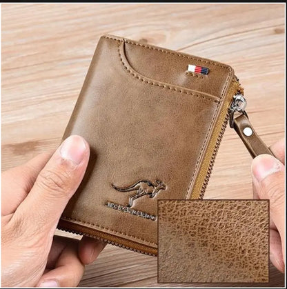 Cartera de cuero con bloqueo RFID para hombre, tarjetero de identificación, monedero con cremallera, impermeable