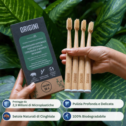 Cepillos de dientes de bambú y cerdas de jabalí – Pack de 4
